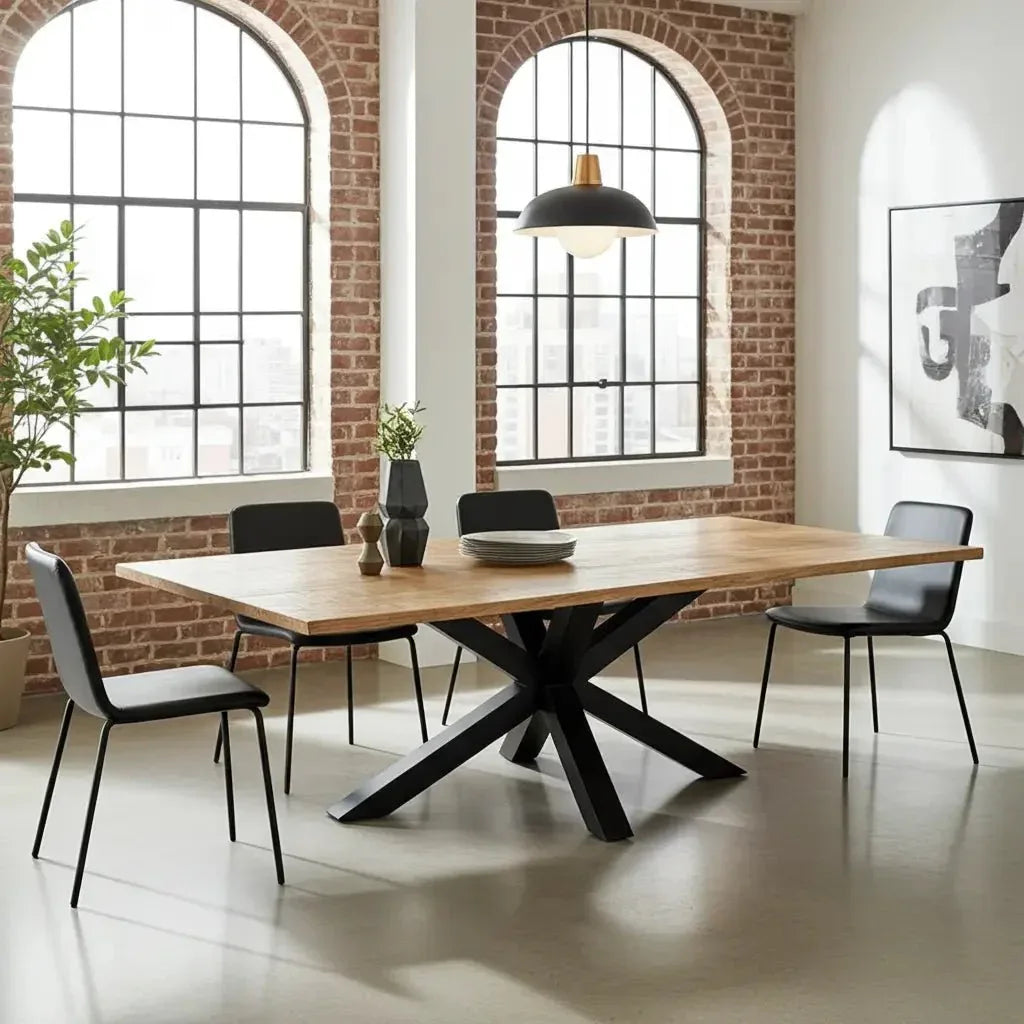 Table à diner patte Spider noir mat avec plateau en bois de manguier extensible