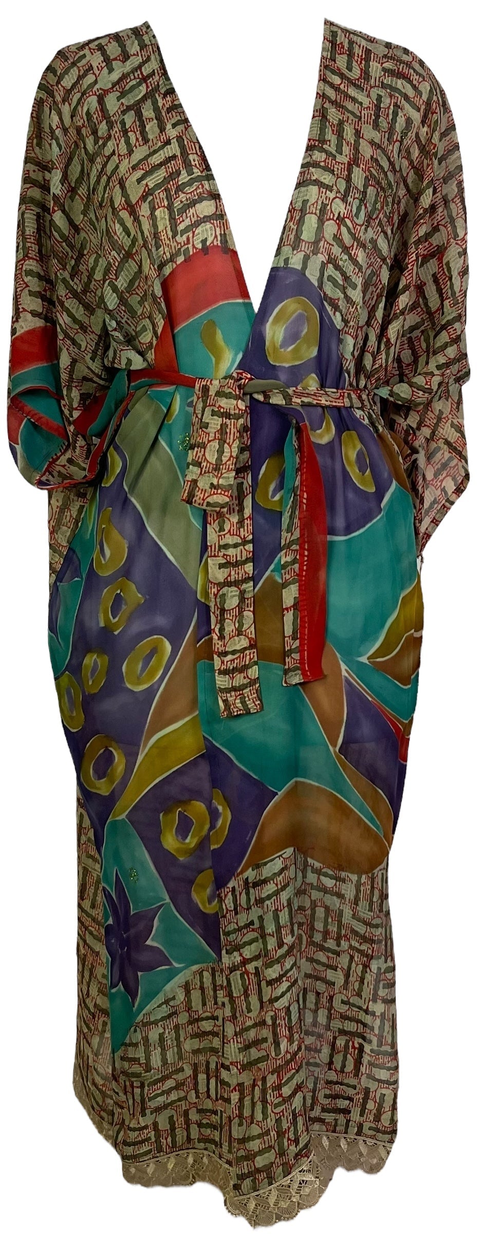 PRG6784 Kimono Long Ceinturé en Pure Soie Semi-Transparente Avatar