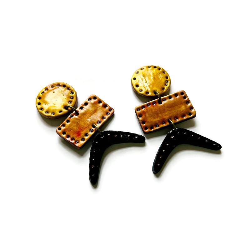 Boucles d'Oreilles Géométriques Originales en Or, Cuivre et Noir avec Tige ou Clip
