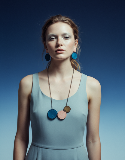 Collier Trois Cercles Bleu Jean, Rose Poudré et Gris