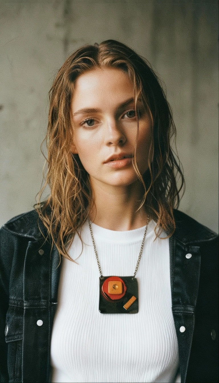 Collier Pendentif Géométrique Abstrait en Gris, Rouge, Jaune. Fait main en Pâte Polymère Épaisse