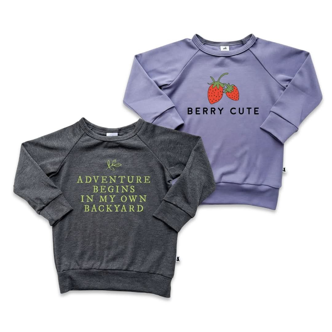 Youth Graphic Bamboo Raglan Sleeve Pullover | Adventures Begin In My Own Backyard In Charcoal