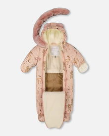 One-Piece Baby Layette Snowsuit Designed For Car Seat Pink Printed Animal