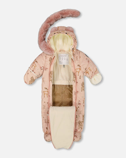 One-Piece Baby Layette Snowsuit Designed For Car Seat Pink Printed Animal