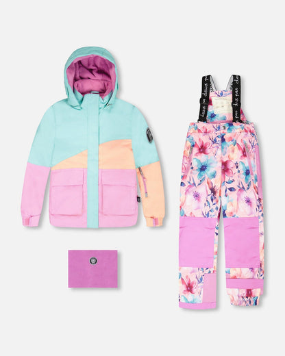 Ensemble de ski deux pièces imprimé fleuri aquarelle rose