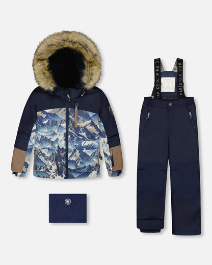Ensemble de neige deux pièces avec veste imprimée color block bleu marine