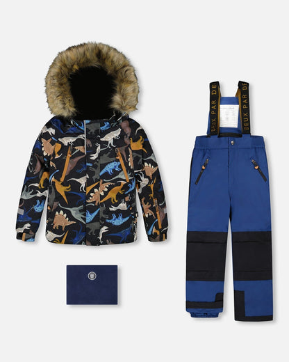 Ensemble de neige deux pièces avec veste imprimée dinosaures bleu marine