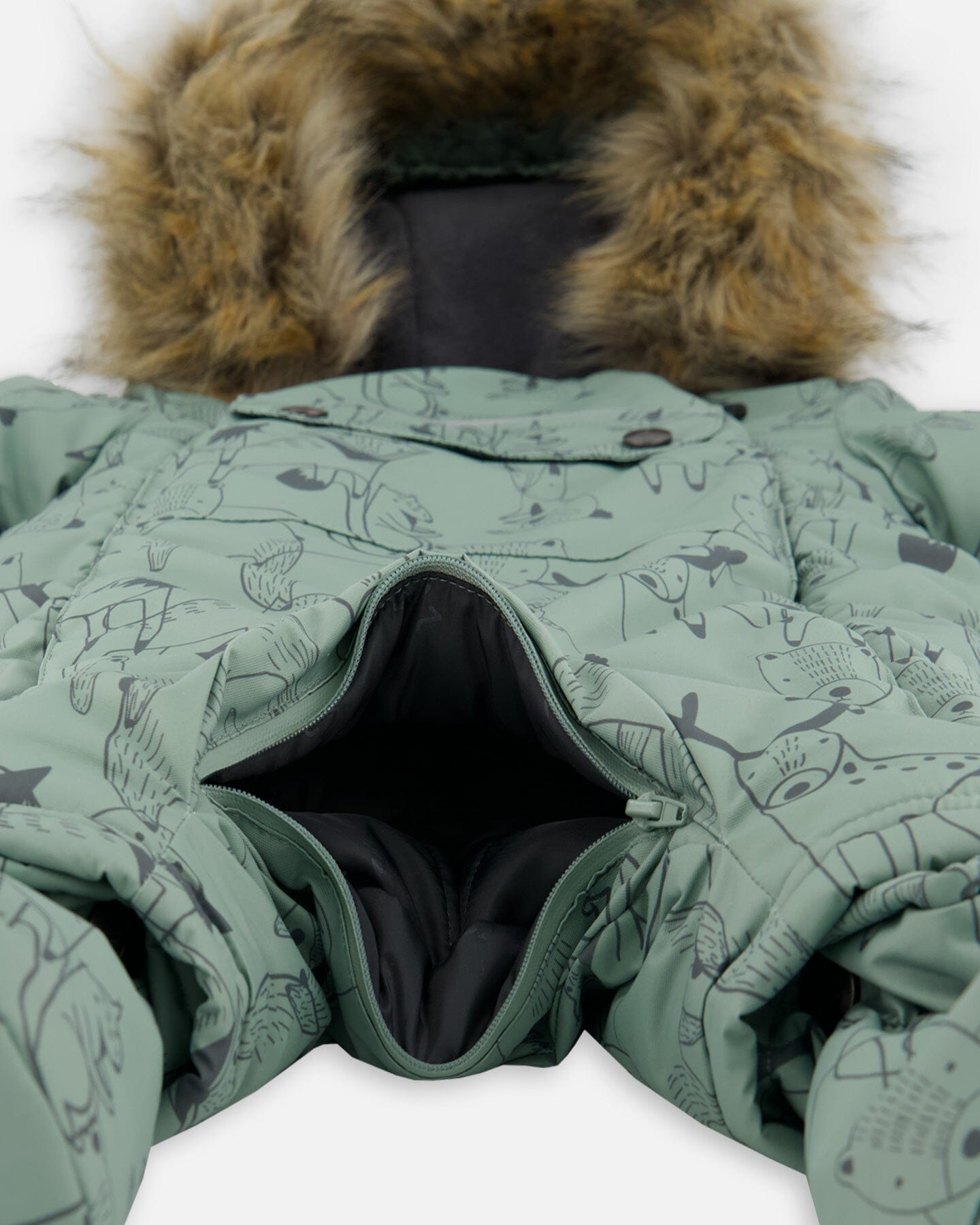 One-Piece Baby Play Snowsuit Designed For Car Seat Sage Animal Print