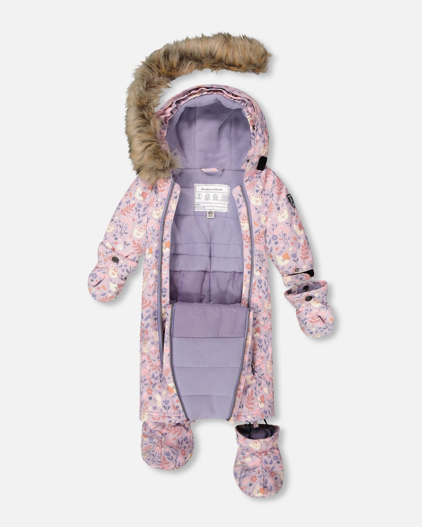 Combinaison de Neige Bébé Une Pièce Imprimé Chat Lilas Conçue Pour Siège Auto
