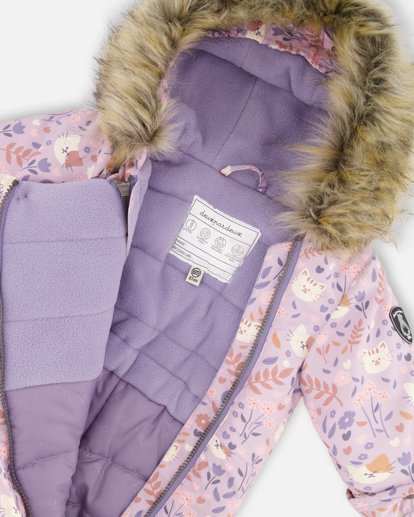 Combinaison de Neige Bébé Une Pièce Imprimé Chat Lilas Conçue Pour Siège Auto