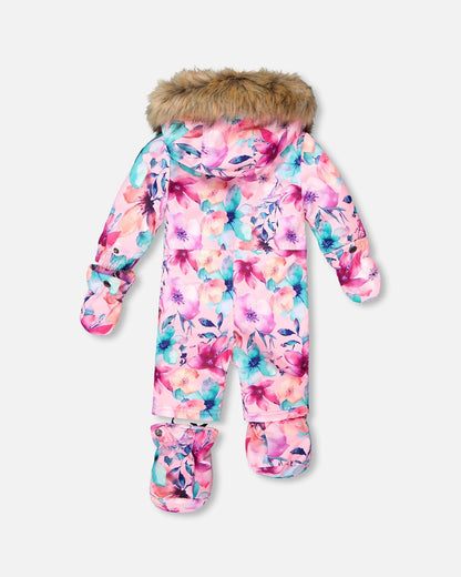 Combinaison de Neige Bébé Une Pièce Imprimé Fleurs Aquarelle Roses Conçue Pour Siège Auto