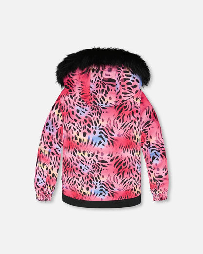 Two-Piece Play Snowsuit With Multicolor Print Jacket And Solid Pant Black