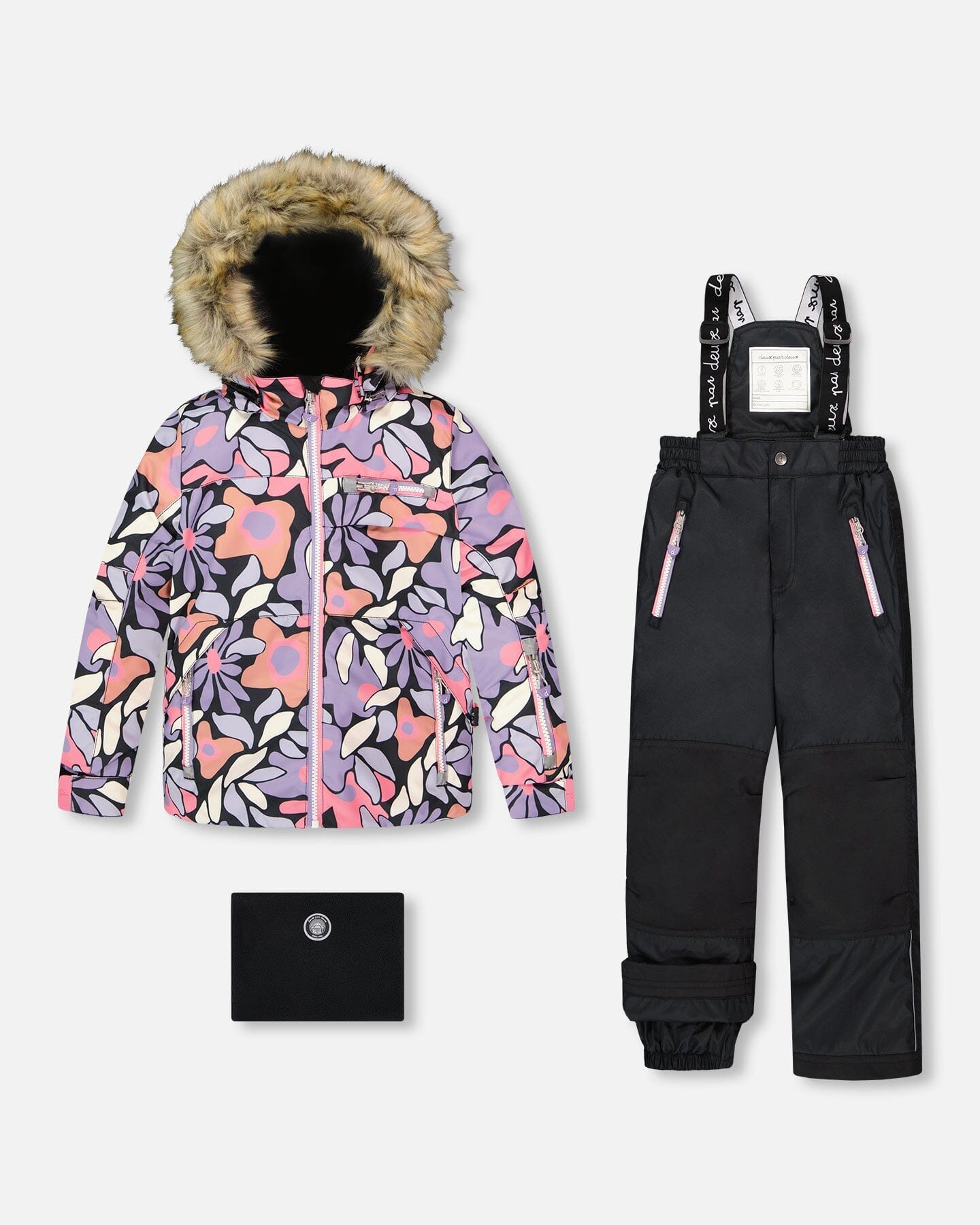 Ensemble de ski deux pièces avec veste imprimée et pantalon uni noir