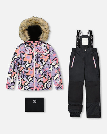 Ensemble de ski deux pièces avec veste imprimée et pantalon uni noir