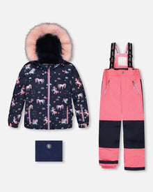 Ensemble de neige deux pièces avec manteau imprimé et pantalon uni rose bonbon