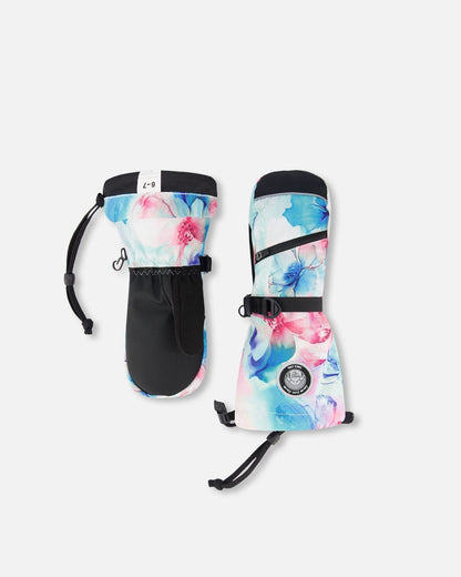 Mitaines d'hiver en polaire Motif fleuri bleu