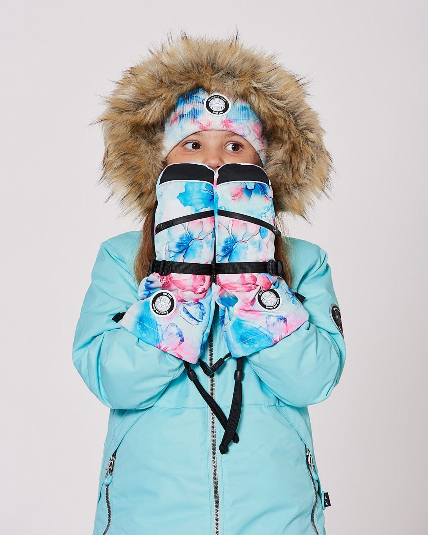 Mitaines d'hiver en polaire Motif fleuri bleu