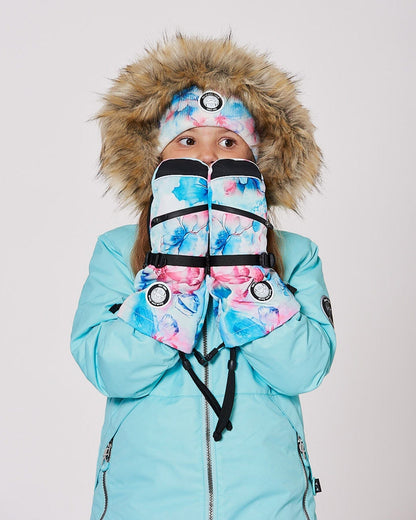 Mitaines d'hiver en polaire Motif fleuri bleu