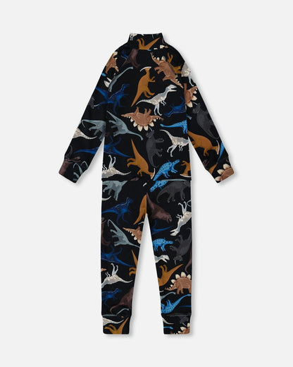 Two-Piece Thermal Underwear Seat Black Dinosaur Print