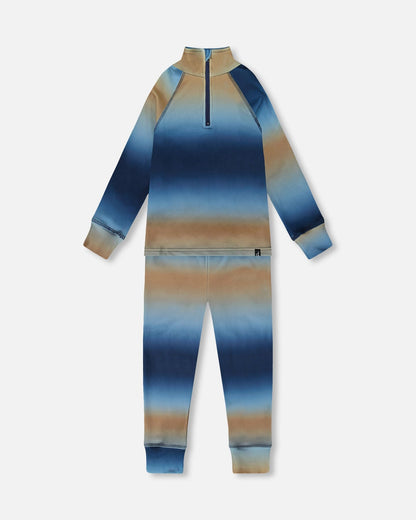 Ensemble de sous-vêtements thermiques deux pièces dégradé bleu et beige