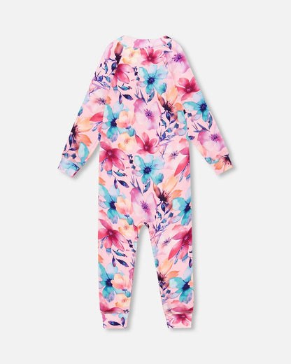 Sous-vêtement thermique une pièce à imprimé floral aquarelle rose