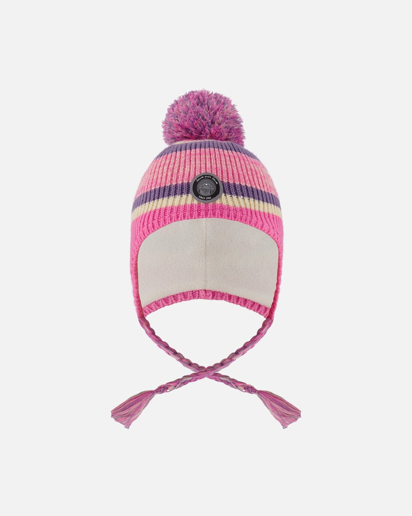Bonnet péruvien tricoté doublé à pompon rose et violet