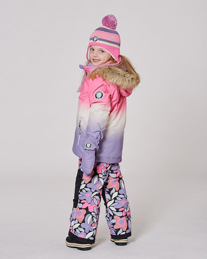 Bonnet péruvien tricoté doublé à pompon rose et violet