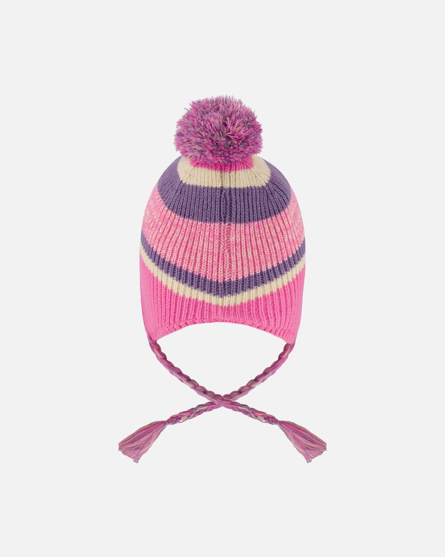 Bonnet péruvien tricoté doublé à pompon rose et violet