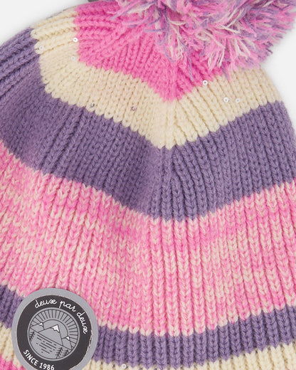Bonnet péruvien tricoté doublé à pompon rose et violet
