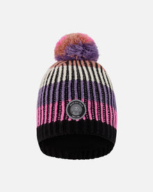 Bonnet en maille doublé avec pompon rose, violet et noir