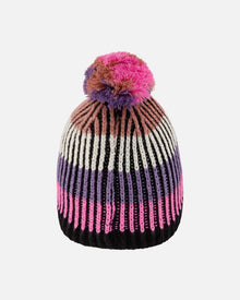 Bonnet en maille doublé avec pompon rose, violet et noir