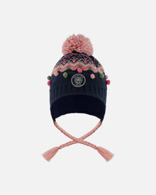 Bonnet péruvien tricoté doublé à pompon bleu marine et rose