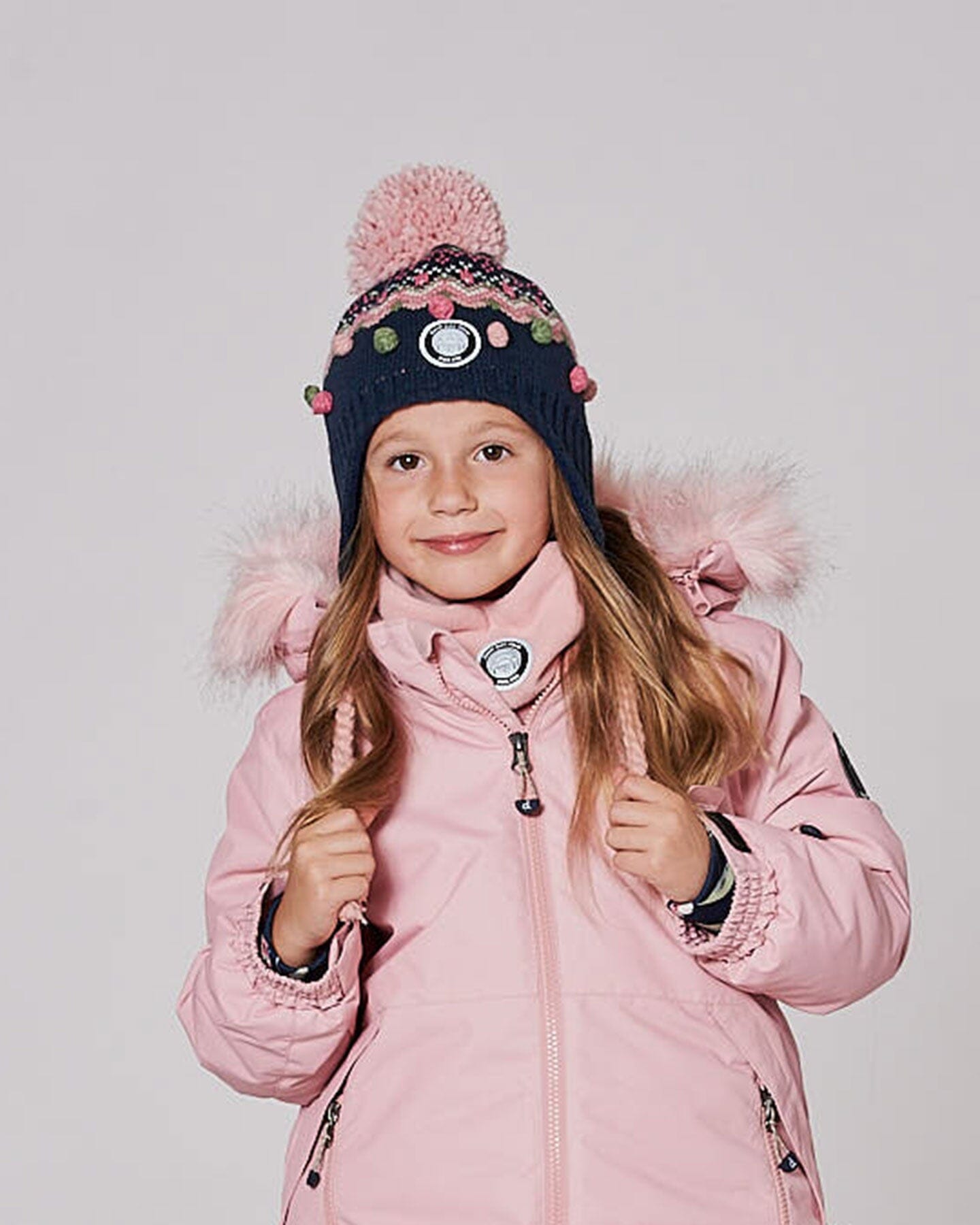 Lined Peruvian Knit Pompom Hat Navy Blue And Pink