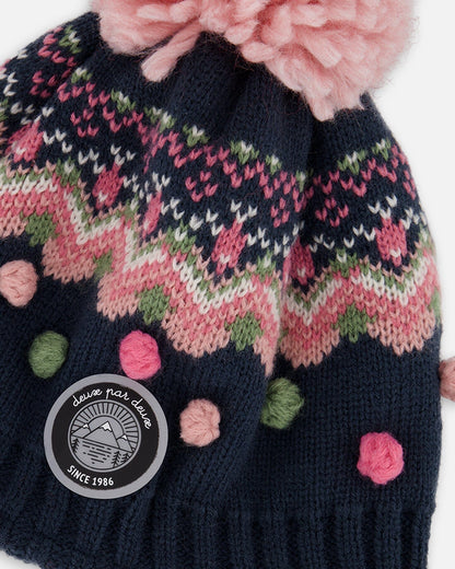 Lined Peruvian Knit Pompom Hat Navy Blue And Pink