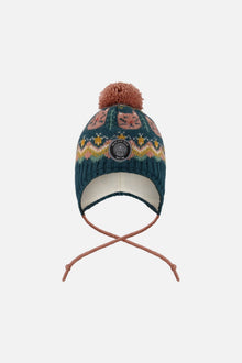 Bonnet péruvien en tricot doublé à pompon vert et rose