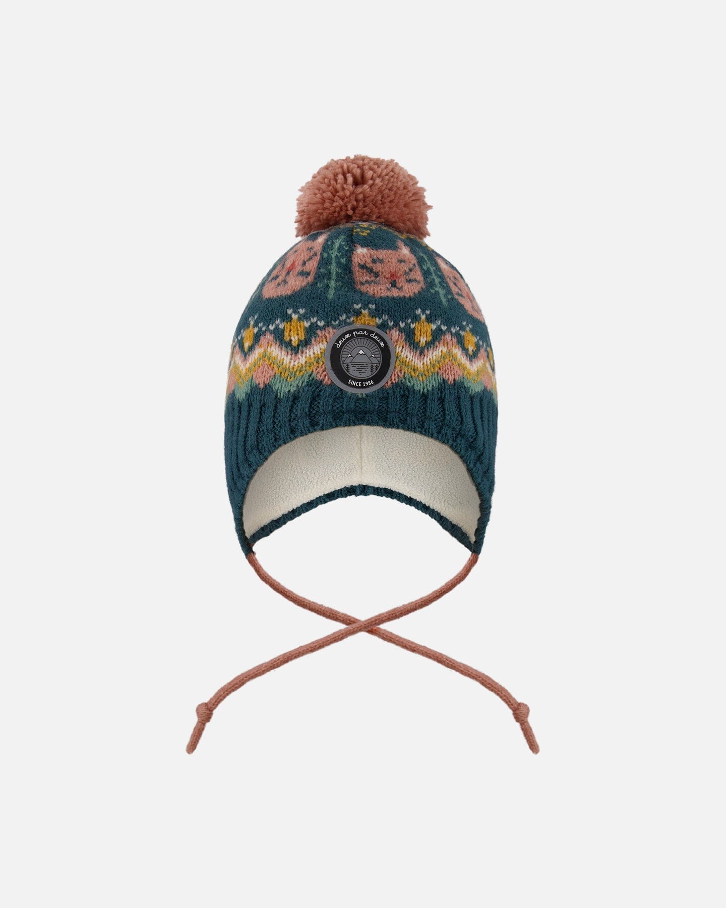 Bonnet péruvien en tricot doublé à pompon vert et rose