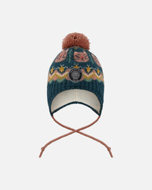 Bonnet péruvien en tricot doublé à pompon vert et rose