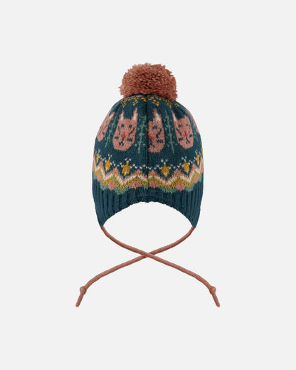 Bonnet péruvien en tricot doublé à pompon vert et rose