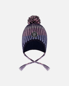 Bonnet péruvien tricoté doublé à pompon noir et violet