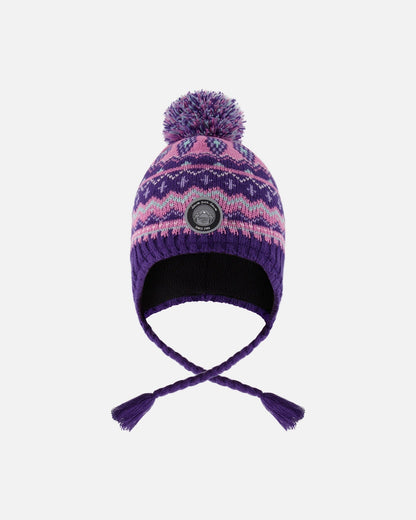 Bonnet péruvien tricoté doublé à pompons, violet et rose