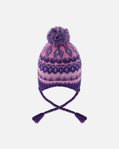 Bonnet péruvien tricoté doublé à pompons, violet et rose