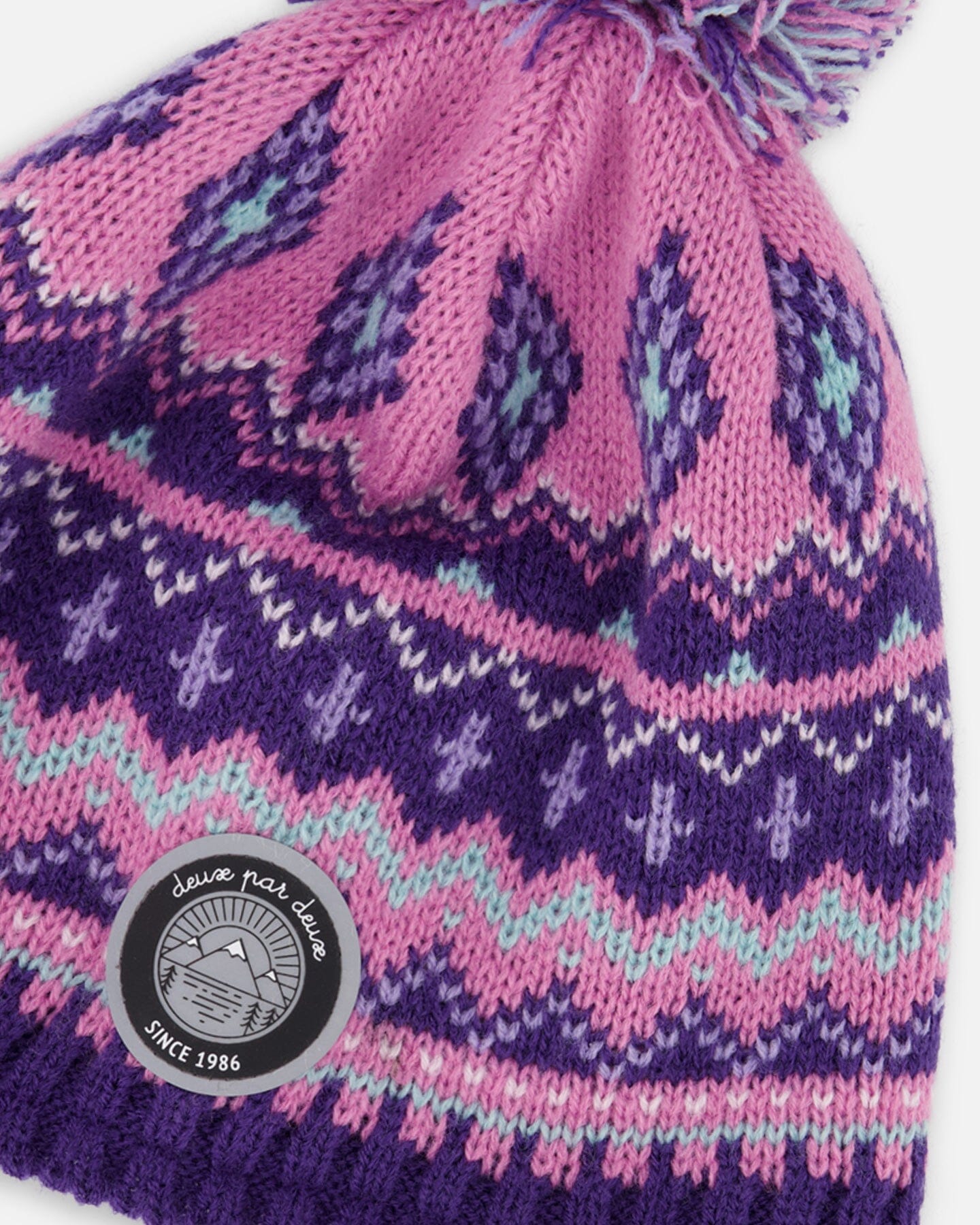 Bonnet péruvien tricoté doublé à pompons, violet et rose