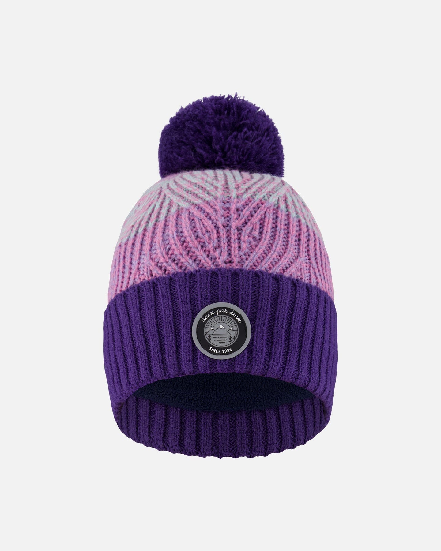 Bonnet en tricot doublé à pompon violet et rose