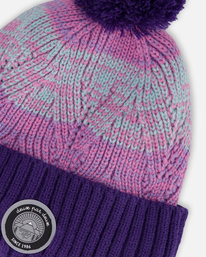 Bonnet en tricot doublé à pompon violet et rose