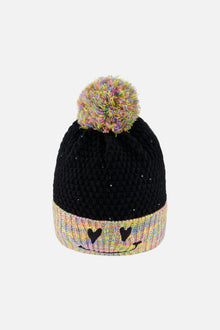 Lined Knit Hat With Pompom Black And Multicolor