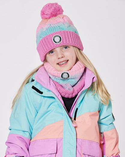 Cache-cou en maille doublé rose, orange et turquoise