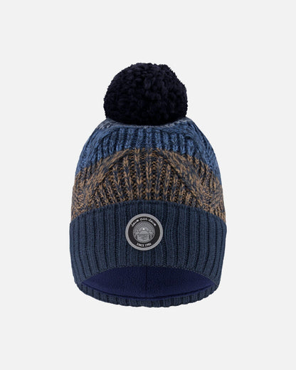 Bonnet en maille doublé à pompon taupe et marine