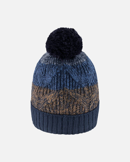 Bonnet en maille doublé à pompon taupe et marine