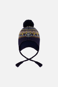 Bonnet péruvien doublé en tricot avec pompon taupe et marine