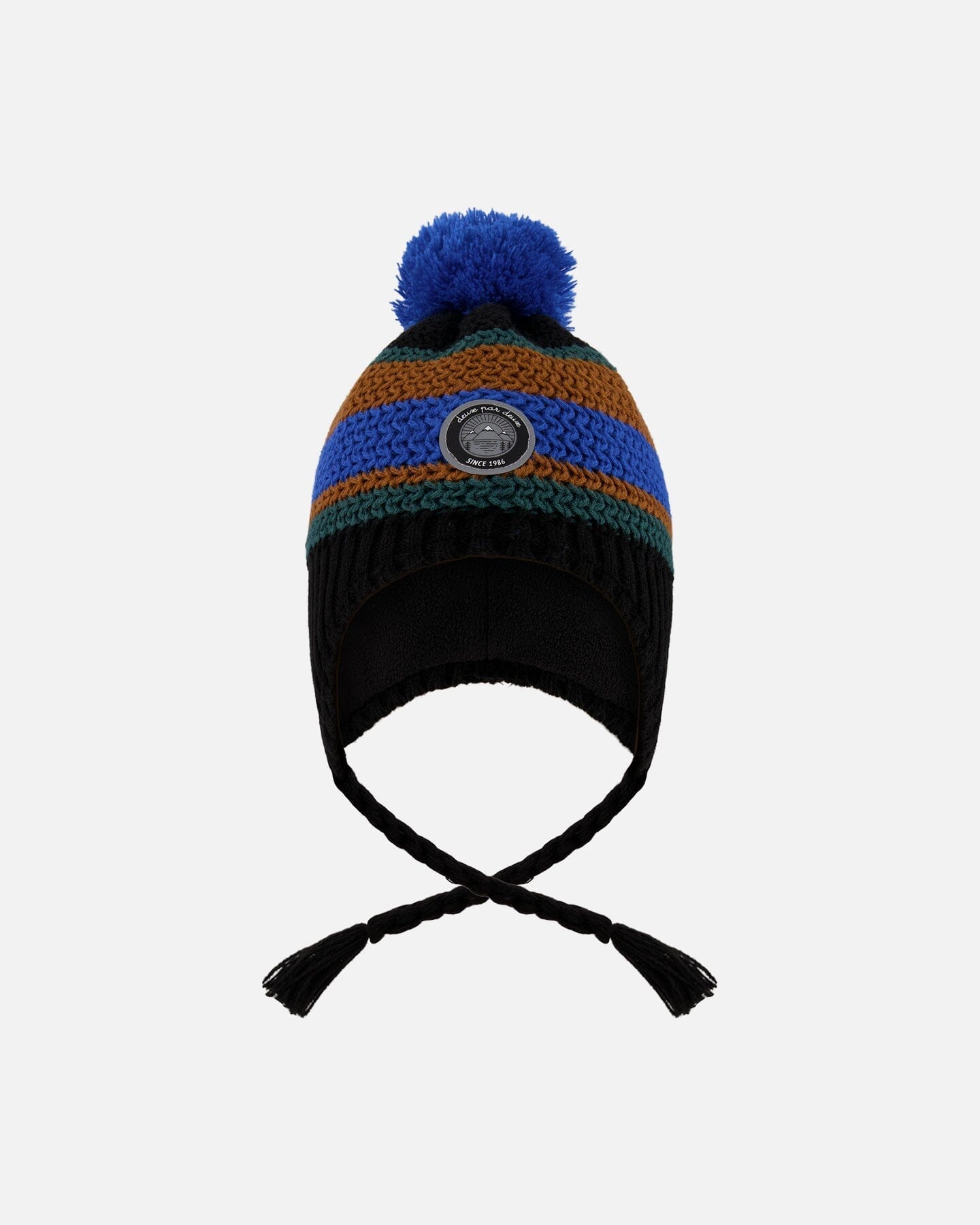 Bonnet péruvien en maille doublé avec pompon noir, bleu et marron